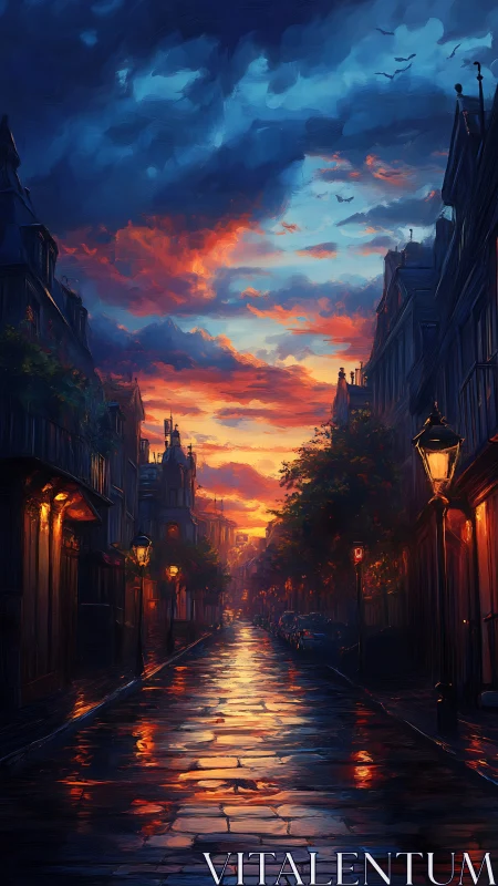 Wet cobblestone street reflects saturated dusk sky in painterly detail