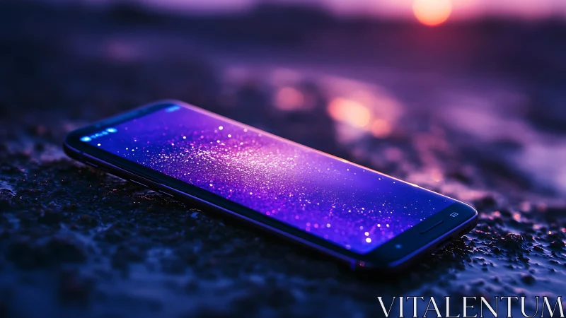 Glowing smartphone on wet surface under neon twilight sky.