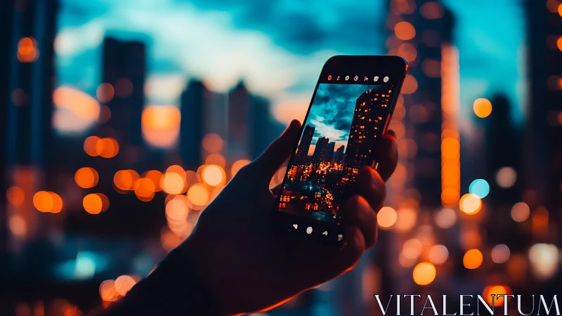 Smartphone captures neon-lit city skyline in shallow focus view