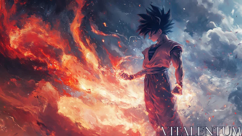 Fiery anime warrior amid swirling stormclouds and plasma flame
