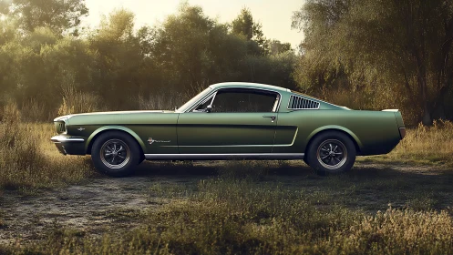 Classic green fastback muscle car stands in evening field