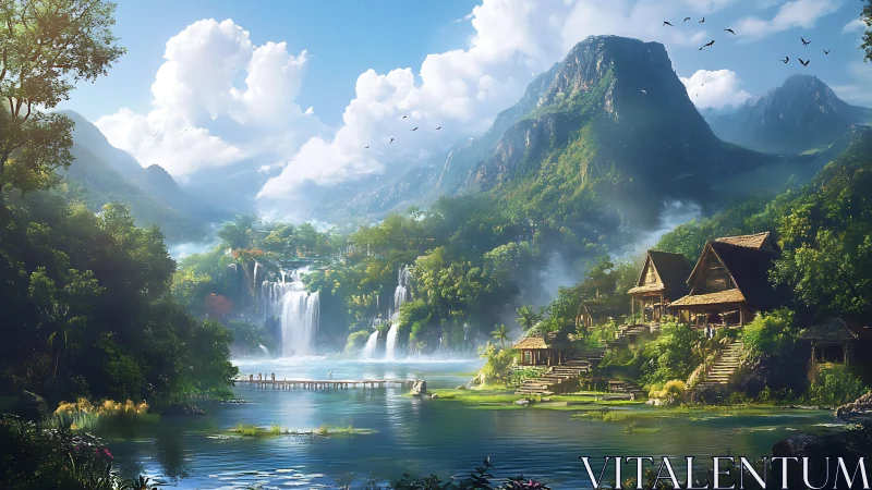 Mountain village beside bright lake with dense waterfalls.