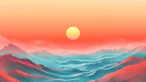 Sunlit gradient sky over stylized teal and red mountains.