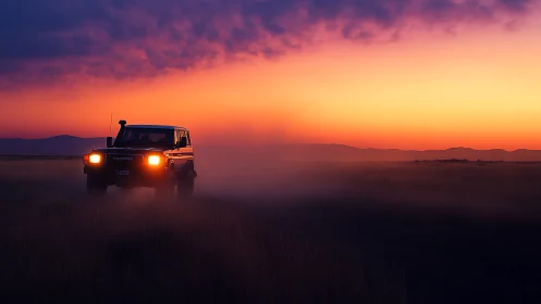 Off-road truck cuts dusk horizon under blazing sunset sky.