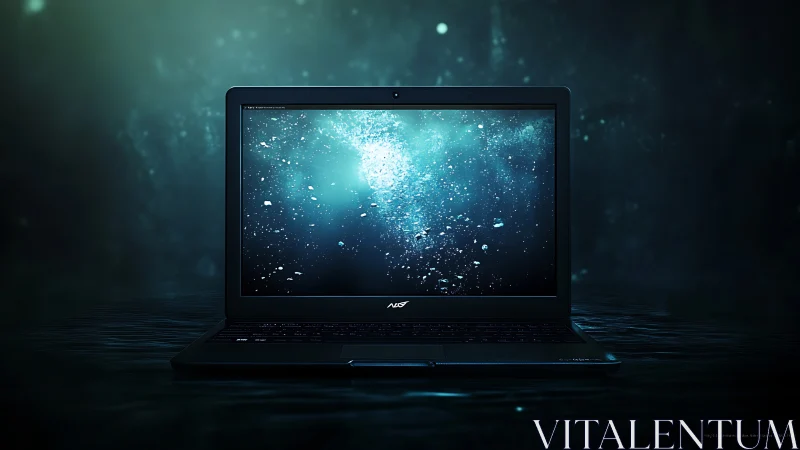 Ultrabook notebook floats in teal-lit aquatic digital space.