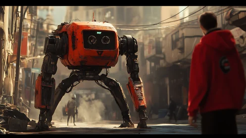 Four-legged orange robot in narrow urban alleyway setting.