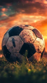 Battle-scarred sunset soccer ball basking in golden afterglow.