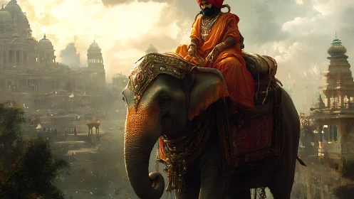 Sunlit monarch rides jeweled elephant through misty temples