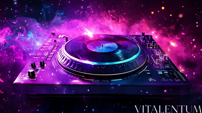 DJ controller sits in neon cosmic space with glowing platter