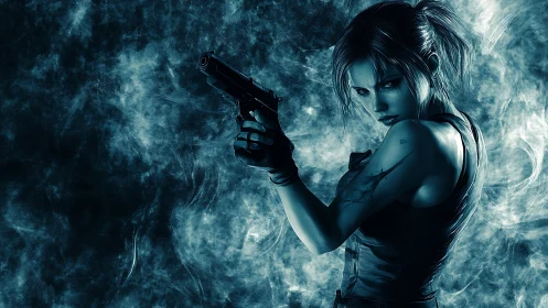 Armed female warrior in blue smoke holding handgun ready.