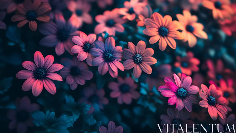 Vivid Daisies in Blue Twilight Garden.