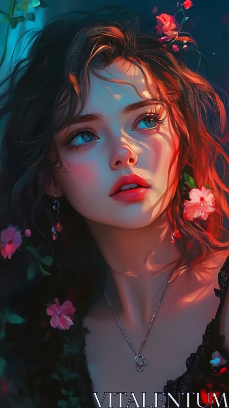 Romantic portrait of a floral-adorned woman in cinematic light