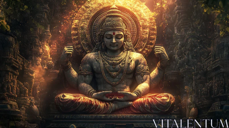 Large multi-armed stone deity statue in ornate temple niche.