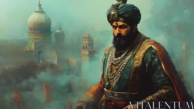 Regal figure in ornate attire overlooks dense domed cityscape