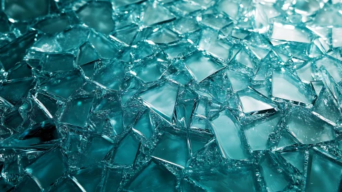 Close-up of broken glass shards with teal lighting, abstract style.