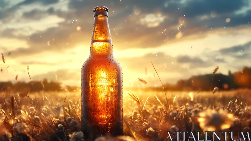 Beer bottle stands in sunlit field at golden hour