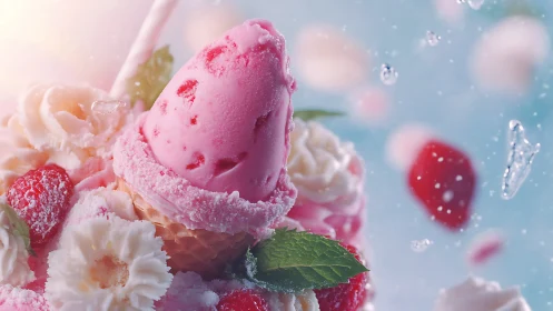 Pink ice cream cone with berries, cream and mint garnish.