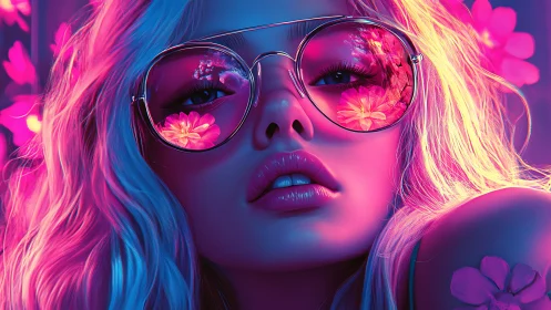 Neon lit woman in sunglasses enjoys glowing floral reflections