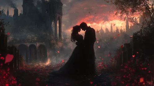 Silhouetted lovers kiss amid fiery apocalypse.