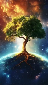 Celestial world tree rises from Earth, glowing against nebulae