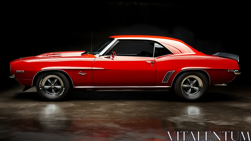 Photorealistic side-profile study of red classic muscle car.