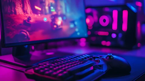 Neon-lit gaming battlestation with keyboard and controller.