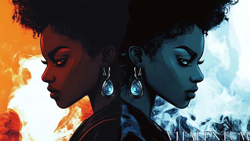 Elemental twins in flame and frost, locked in quiet defiance.