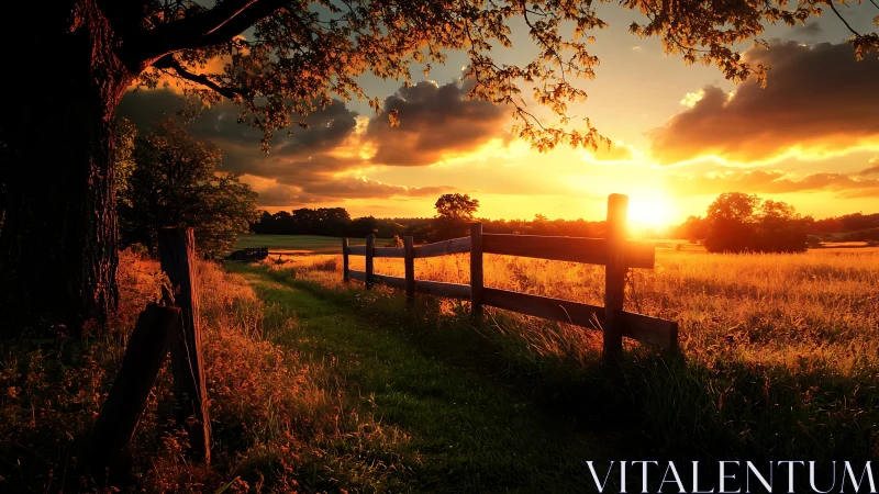 Country lane glowing in cinematic golden hour sunset light.