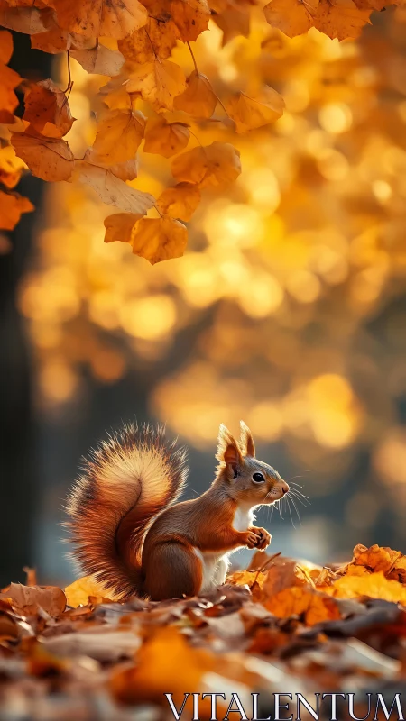 Autumn squirrel pauses under glowing golden foliage bokeh.