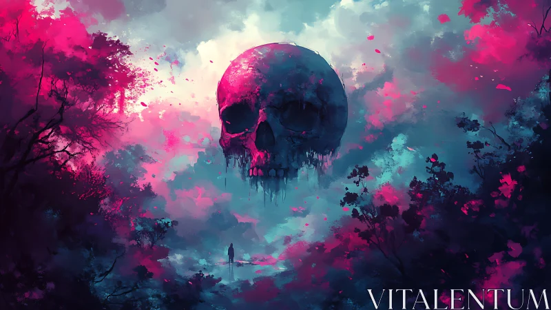 Giant skull over misty forest in neon pink and cyan sky.