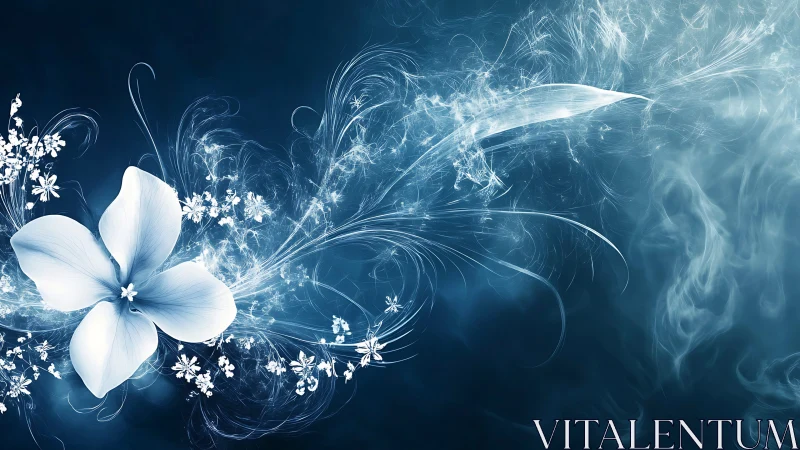 Ethereal white blossom swirling through icy blue light field.