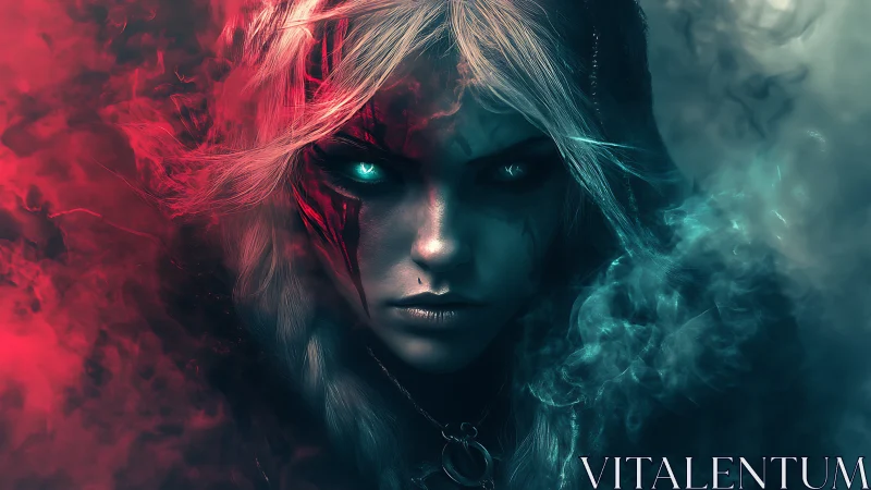 Mystic sorceress emerges through swirling red and blue mist