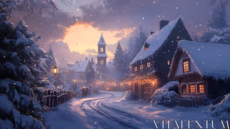 Snow-covered village street with houses and church at dusk.