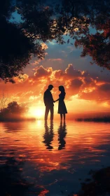 Silhouetted couple in shallow water framed by tree canopy at golden hour sunset