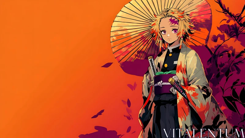 Anime figure with parasol against orange abstract backdrop.