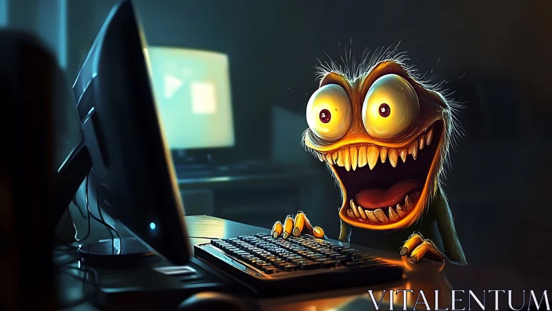 Hyperactive cyber-gremlin at workstation in dramatic lighting.