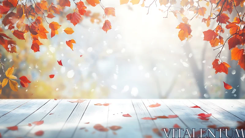 Crisp autumn leaves drift gently above a sunlit wooden stage
