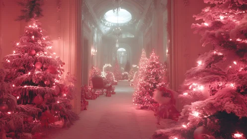 Magical pink Christmas hallway glowing with cozy snowlit trees.