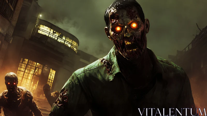 Glowing-eyed zombies advance in smoky, firelit urban alleyway night