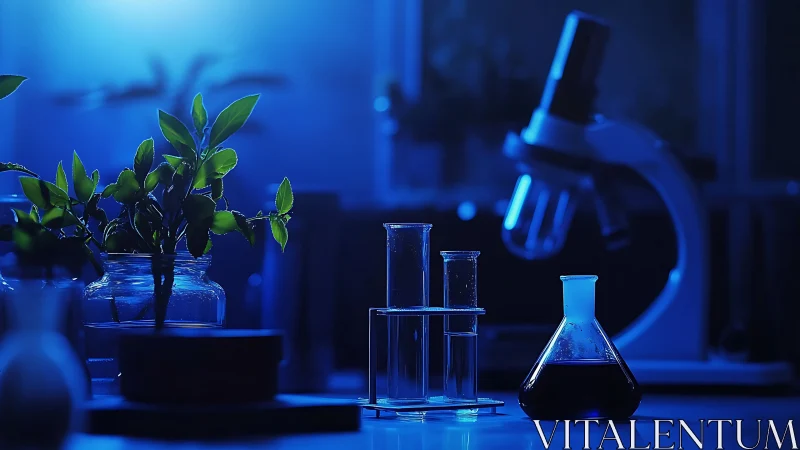 Laboratory plant samples with glassware and microscope at night.