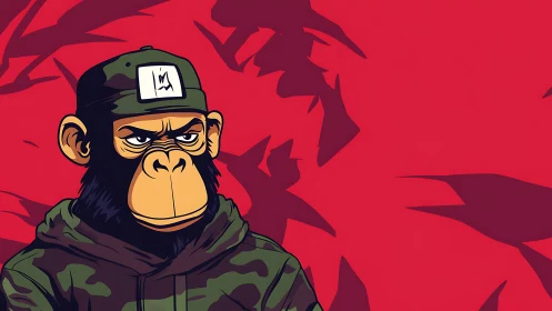 Stoic cartoon chimp soldier stands before jagged red silhouettes