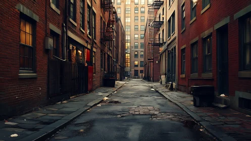 Narrow urban alley with wet pavement and brick facades.