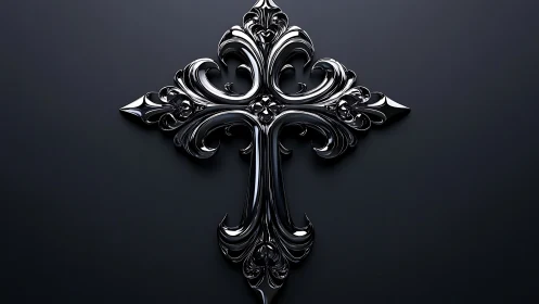 Baroque metallic cross emblem on deep charcoal field.