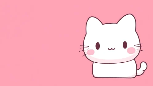 Minimalist kawaii white cat on pastel pink background.