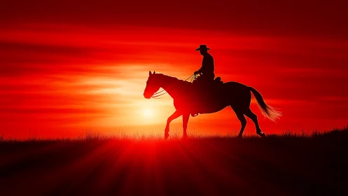 Crimson prairie rider crossing a sunlit ember horizon.