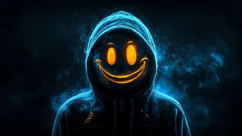 Luminous smiley mask hacker in bioluminescent vapor field.