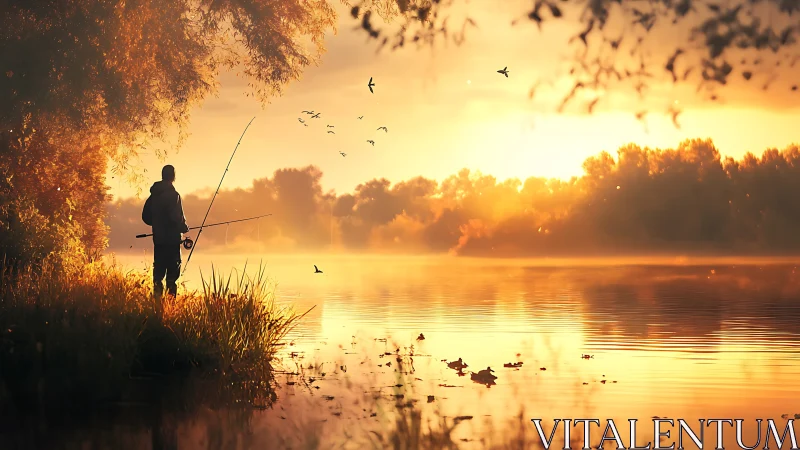 Sunrise solitude with a quiet lakeside fisherman.