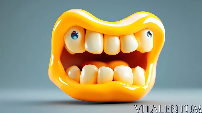 Yellow stylized mouth sculpture with exposed teeth and eyes.
