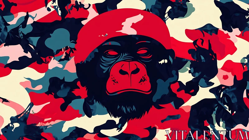 Gorilla portrait merges with bold red camouflage pattern.