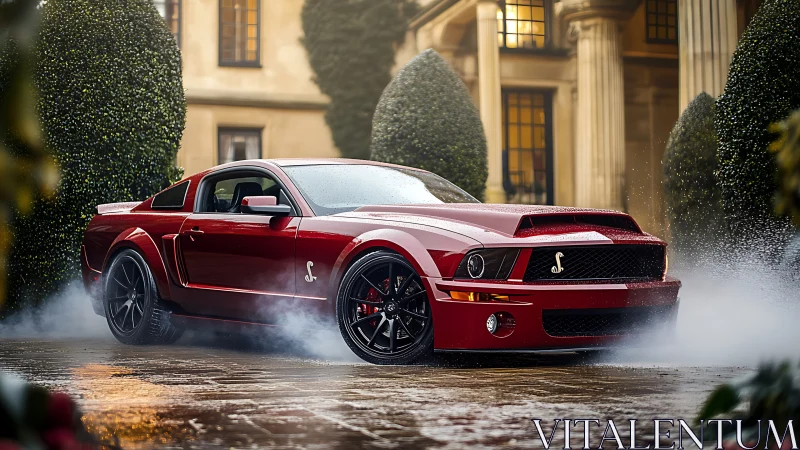 High-torque Shelby GT500 burnout in wet neoclassical courtyard.